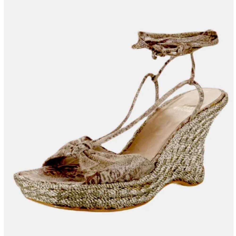 Stuart Weitzman Wishful Espadrilles Wedge Tan Nairobi Patch Ankle Wrap Size 10